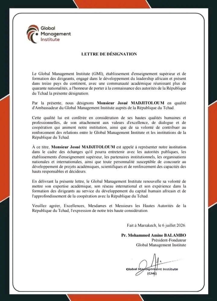 Lettre de d&eacute;signation du PDG comme Ambassadeur du Global Management Institute